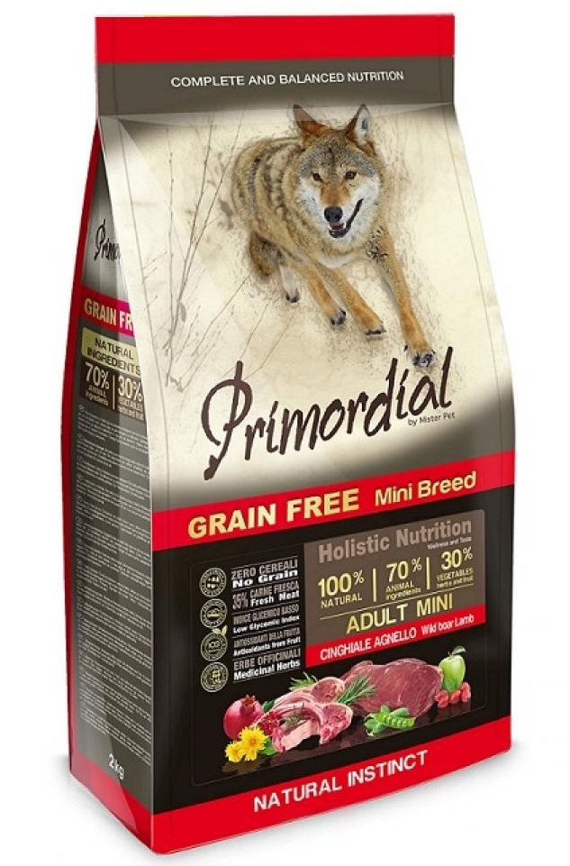 Беззерновой корм Примордиал для взрослых собак мелких пород с диким кабаном и ягненком (Primordial Dog Adult Mini Boar & Lamb)